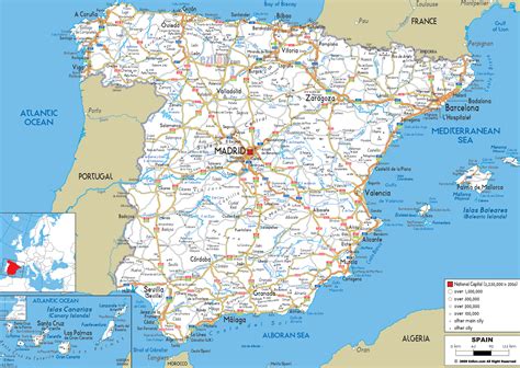 Large detailed map of Spain with cities and towns.